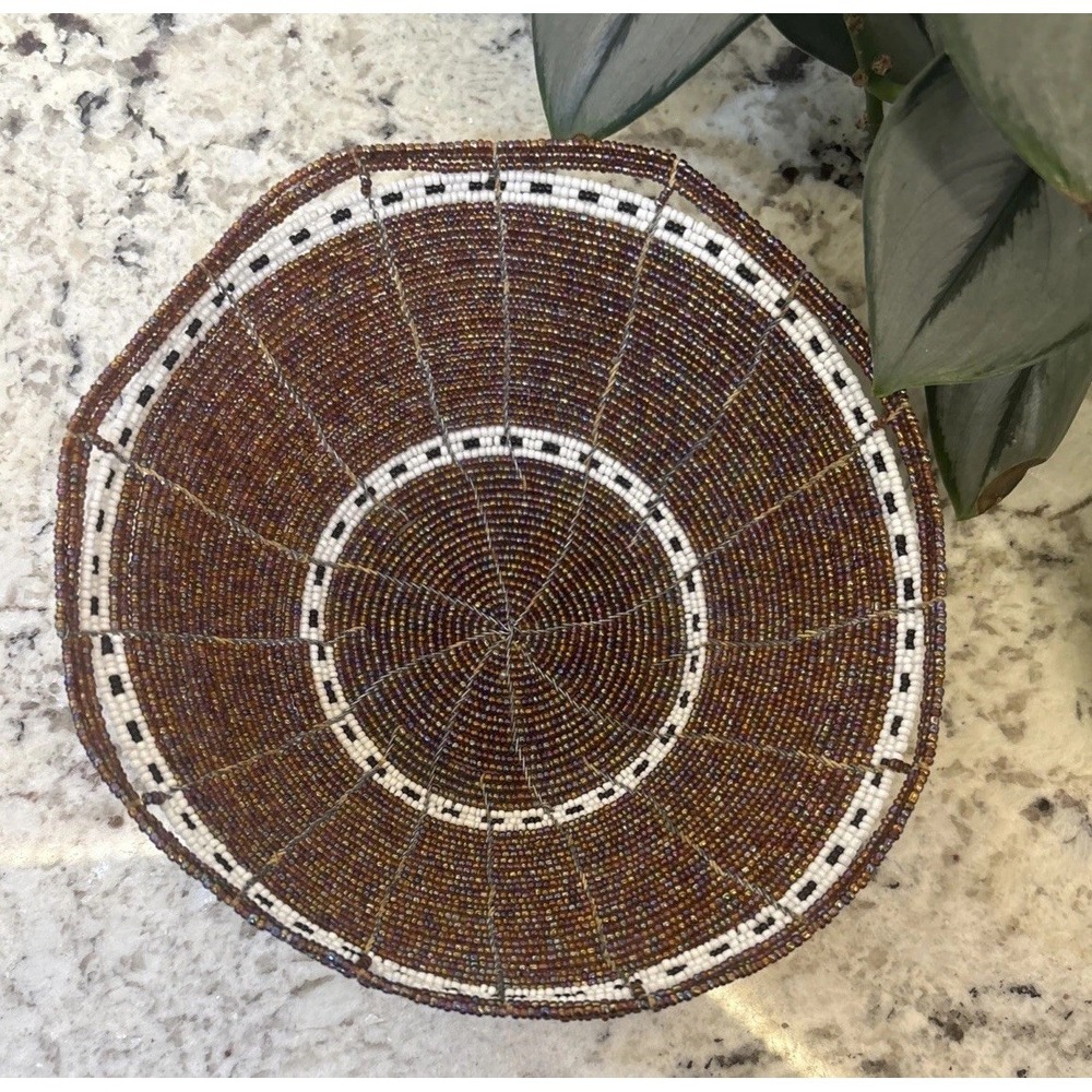 Beautiful Hand Crafted African Beaded Small 7" Basket Black White Multicolor